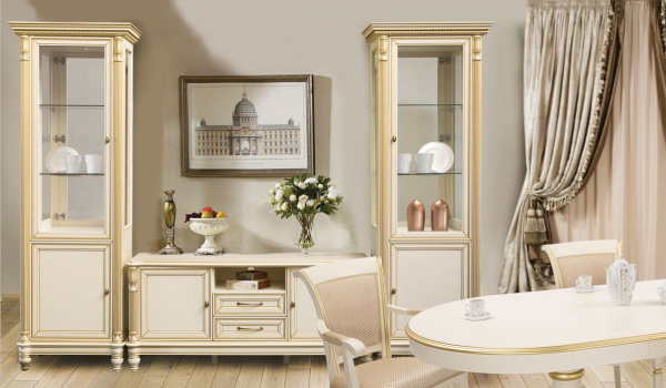 Витрина "Флоренция" однодверная со стеклянными боковинами, зеркалом и подсветкой, левая 